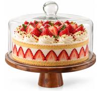 LDXDRU 26cm Cake Stand with Dome Lid, Wood Cake Plate with Glass Cover | Acacia Wooden Cake Display Stand for Anniversary Birthday Wedding Party Footed