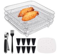 LDXDRU 3 Pack Square Air Fryer Rack, Stackable Dehydrator Rack, Stainless Steel Air Fryer Basket Tray for 4.8L-6.6L Roasting Oven - Including Clip, Brush, 8pcs Heighten Feet, 200pcs Parchment Paper