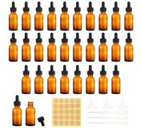 LDXDRU 30 Pack 30ml / 1oz Glass Dropper Bottle, Amber Dropper Bottles, Refillable Essential Oil Bottles Empty Pipette Dropper Bottles for Perfumes Liquids - 25pcs Sticker, 3pcs Funnel, 3pcs Pipette