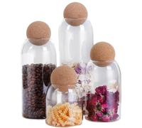 LDXDRU 4 Pack Glass Storage Jar with Cork Ball, Clear Tea Coffee Sugar Canisters, Airtight Food Storage Canister For Spices Biscuits Candies Kitchen - 500ml, 800ml, 1200ml, 1500ml