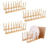 LDXDRU 4 Pack Wooden Plate Rack, 8 Slot Plate Organiser for kitchen Cupboard, Wooden Dish Rack Plate Rack Stand Pot Lid Holder Dish Drying Drainer Rack for Chopping Board Cup Bowl