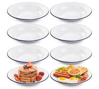 LDXDRU 8 Pack 24cm / 9.4 Inch Enamel Pie Dish, Enamel Roasting Tin with Blue Trim, White Enamelware Round Roasting Tray for Oven, Stove, Dishwasher Safe