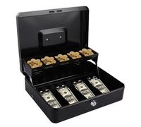 LDXDRU Metal Cash Box with Key Lock, 30 x 24 x 9cm Portable Cash Box, Note and Coin Safe Box Petty Cash Tin Large Money Box Secure Locking Money Tin, Comes with Coin Tray & Spring Loaded Clips