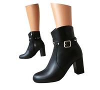 LDXEQIZ 2025 Ankle Boots With Rivet + Buckle Women's PU Leather Chelsea Short Boots With Block Heel Round Toe Booties With Zipper Women Elegant High Heels, 36-43EU(Black,6.5 UK)