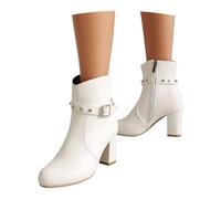 LDXEQIZ 2025 Ankle Boots With Rivet + Buckle Women's PU Leather Chelsea Short Boots With Block Heel Round Toe Booties With Zipper Women Elegant High Heels, 36-43EU(White,7 UK)