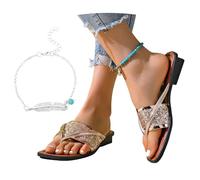 LDXEQIZ 2025 New Sequined Slippers Large Size Slippers Women's Toe Separator Sandals Vintage Square Toe Flip-Flops Clip-Toe PU Leather Slippers Lightweight Flat Summer Shoes, 36-43(Gold,5.5 UK)