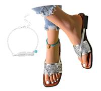 LDXEQIZ 2025 New Sequined Slippers Large Size Slippers Women's Toe Separator Sandals Vintage Square Toe Flip-Flops Clip-Toe PU Leather Slippers Lightweight Flat Summer Shoes, 36-43(Silver,6.5 UK)