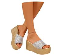 LDXEQIZ 2026 Summer Wedge Sandals Women's Fashion Sandals With Leopard Print Waterproof Platform Slippers Elegant Sequin High Heels Plus Size Evening Shoes(Silver,5.5 UK)