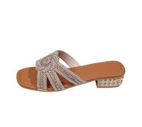 LDXEQIZ Bridal Shiny Mules With Rhinestone Flower Women's Elegant Low Heel Sandals Square Toe Open Toe Slippers Summer Large Sizes Wedding Shoes(Brown,6.5 UK)