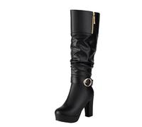 LDXEQIZ Classic Knee High Boots Women PU Leather Boots With Buckle Autumn Winter High Heels Platform Ankle Boots With Block Heel Elegant Slip-on Shoes For Bride(Black,7 UK)