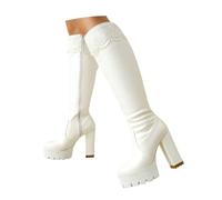 LDXEQIZ Elegant High Boots With Lace Patchwork, Women's Knee-high Boots With Block Heel, Winter Platform High Heels For Office, Party, PU Leather Ridingboots With Zipper(White,6.5 UK)