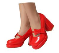 LDXEQIZ Elegant High Heel With Bows Women's Mary Jane Pumps Square Toe Sandals With Block Heel Spring PU Leather Bridal Shoes Platform Evening Shoes For Office, Party, Wedding(Red,6 UK)