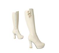 LDXEQIZ Elegant Knee-high Boots With Flowers Platform Long Boots With Block Heels Warm Winter Shoes With Side Zip Fashionable PU Leather High Heels For Party, Wedding(Beige,7.5 UK)