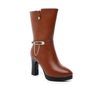 LDXEQIZ Elegant Mid-calf Boots With Heel, Women's Platform Ankle Boots With Zip, Winter Warm Booties With Plush Lined PU Leather High Heels With Pointed Toe For Party(Brown,5.5 UK)