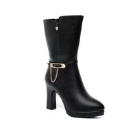 LDXEQIZ Elegant Mid-calf Boots With Heel, Women's Platform Ankle Boots With Zip, Winter Warm Booties With Plush Lined PU Leather High Heels With Pointed Toe For Party(Black,5.5 UK)