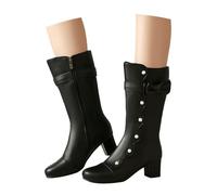 LDXEQIZ Elegant Mid-calf Boots With Pearl, Women's Cute Ankle Boots With Bows, Winter Booties With Block Heel, PU Leather High Heels With Zipper(Black,5.5 UK)