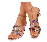 LDXEQIZ Elegant Stiletto Sandals 2026 Women's Mules With 3D Flowers PU Patent Leather Slippers Sexy High Heels For Party Summer Open Toe Slippers, Large Size(Silver,7.5 UK)