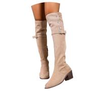 LDXEQIZ Fashionable Over-the-knee Boots With Metal Buckle, Women's Fold-over Long Boots With Buttons, Suede Warm Snowboots With Side Zipper(5.5 UK)