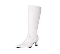LDXEQIZ High Boots With Pointed Toe Women's Long Boots With Zipper PU Leather Pumps Waterproof Warm Snow Booties Autumn Winter High Heels For Party, 36-43EU(White,5 UK)