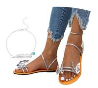 LDXEQIZ Large Size Slippers 2025 New Elegant Sandals With 3D Butterfly, Women's PU Leather Open Toe Slippers Lightweight Flat Summer Shoes For Vacation/Beach, 36-43(Silver,5.5 UK)