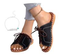 LDXEQIZ Large Size Slippers 2026 Women's Vintage Denim Sandals Lightweight Flat Slippers Summer Open Toe Slingback Flip-Flops Casual Lace-up Sandals For Vacation/Beach, 36-43(Black,4.5 UK)