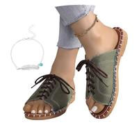 LDXEQIZ Large Size Slippers 2026 Women's Vintage Denim Sandals Lightweight Flat Slippers Summer Open Toe Slingback Flip-Flops Casual Lace-up Sandals For Vacation/Beach, 36-43(Green,7 UK)