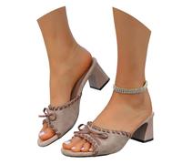 LDXEQIZ Large Size Slippers Women's Elegant Sandals With Block Heel Vintage Suede Slippers With Bows 2026 Open Toe High Heels Summer Evening Dress Shoes For Party(Beige,4.5 UK)