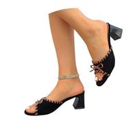 LDXEQIZ Large Size Slippers Women's Elegant Sandals With Block Heel Vintage Suede Slippers With Bows 2026 Open Toe High Heels Summer Evening Dress Shoes For Party(Black,5.5 UK)