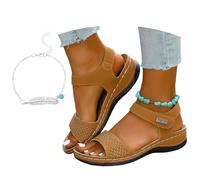 LDXEQIZ Orthopedic Sandals With Metal Studs Women's Comfortable Wide Feet Sandals PU Leather Walking Sandals With Arch Support Open Toe Slingback Summer Shoes For Pool/Sea(Brown,6 UK)