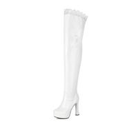 LDXEQIZ Over The Knee Boots With Lace Patchwork Women's Platform Long Shaft Boots With Heel PU Patent Leather Pointed Toe Thigh-Highboots With Zip Sexy High Heels For Wedding/Party(White,5.5 UK)