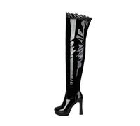 LDXEQIZ Over The Knee Boots With Lace Patchwork Women's Platform Long Shaft Boots With Heel PU Patent Leather Pointed Toe Thigh-Highboots With Zip Sexy High Heels For Wedding/Party(Black,7.5 UK)