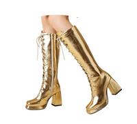 LDXEQIZ Platform Knee High Boots With Zip Women's Square Toe Long Shaft Boots With Block Heel PU Patent Leather Lace-Upboots Winter Warm Plush Lined High Heels For Party/Wedding(Gold,4.5 UK)