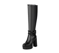 LDXEQIZ Plus Size Boots With Lace Patchwork Women's Elegant Knee-High Boots With Block Heel Platform High Heels With Bows PU Leather Ridingboots With Zipper(Black,5.5 UK)