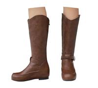 LDXEQIZ PU Leather Wedge Heel Long Boots With Zipper For Women Autumn Winter Riding Boots With Buckle Retro Medieval Shoes For Cosplay(Brown,6 UK)