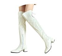 LDXEQIZ PU Patent Leather Over The Knee Boots With Zip Women's Square Toe Long Shaft Boots With Block Heel Winter Warm Plush Lined High Heels For Party/Wedding(White,5.5 UK)