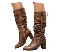 LDXEQIZ Retro Mid-calf Boots Women's Ankle Boots With Block Heel Classic Booties With Metal Buckle PU Leather High Heels For Party Autumn Winter Ankle Shoes With Side Zipper(Brown,7 UK)