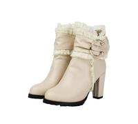 LDXEQIZ Short Boots For Women Elegant Booties With Ruffles Block Heel Ankle Boots PU Leather Booties With Rhinestone Buckle Plus Size High Heels 2025 Ankle Shoes With Zipper(Beige,6.5 UK)