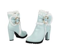 LDXEQIZ Short Boots For Women Elegant Booties With Ruffles Block Heel Ankle Boots PU Leather Booties With Rhinestone Buckle Plus Size High Heels 2025 Ankle Shoes With Zipper(Blue,5 UK)