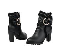 LDXEQIZ Short Boots For Women Elegant Booties With Ruffles Block Heel Ankle Boots PU Leather Booties With Rhinestone Buckle Plus Size High Heels 2025 Ankle Shoes With Zipper(Black,5 UK)
