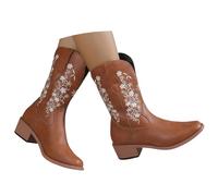 LDXEQIZ Short Boots With Floral Embroidery Women's Retro Western Cowboy Boots PU Leather Ankle Boots With Block Heel Square Toe Booties Large Size Ankle Shoes For Outdoor, Party, Concert(Brown,5 UK)