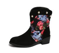 LDXEQIZ Short Boots With Floral Pattern Women's Retro Western Cowboy Boots With Pearl Suede Booties With Block Heel Slip-on Ankle Shoes For Outdoor, Party, Concert(4.5 UK)