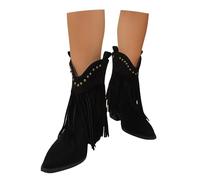LDXEQIZ Short Boots With Fringes Women's Retro Western Cowboy Boots Suede Booties With Block Heel Pointed Toe Booties With Rivet Casual Ankle Shoes For Outdoor, Party, Concert(Black,6 UK)