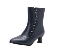 LDXEQIZ Short Boots With Heels Women's Pointed Toe Booties Fashion Ankle Boots With Rivet PU Leather Biker Booties With Zipper Autumn Winter Retro Medieval High Heels(Blue,6.5 UK)