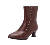 LDXEQIZ Short Boots With Heels Women's Pointed Toe Booties Fashion Ankle Boots With Rivet PU Leather Biker Booties With Zipper Autumn Winter Retro Medieval High Heels(Brown,4.5 UK)
