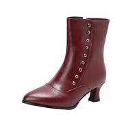LDXEQIZ Short Boots With Heels Women's Pointed Toe Booties Fashion Ankle Boots With Rivet PU Leather Biker Booties With Zipper Autumn Winter Retro Medieval High Heels(Red,4.5 UK)