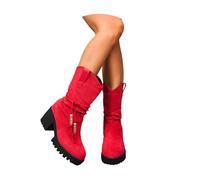 LDXEQIZ Suede Mid-Calf Boots Women's Ankle Boots With Pearl Necklace Platform Booties With Block Heel Plus Size High Heels Vintage Wide Shaft Slip-on Shoes, 36-43 EU(Red,4 UK)