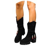 LDXEQIZ Suede Mid-Calf Boots Women's Ankle Boots With Pearl Necklace Platform Booties With Block Heel Plus Size High Heels Vintage Wide Shaft Slip-on Shoes, 36-43 EU(Black,5 UK)