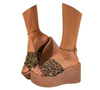 LDXEQIZ Suede Slippers For Women 9cm Platform Wedge Sandals 2026 Retro Mules With Leopard Print Large Size Slip-on Slippers Wide Feet Summer Shoes, 36-43(Brown,7.5 UK)