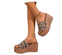 LDXEQIZ Suede Slippers For Women 9cm Platform Wedge Sandals 2026 Retro Mules With Leopard Print Large Size Slip-on Slippers Wide Feet Summer Shoes, 36-43(Beige,5.5 UK)