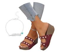 LDXEQIZ Summer Slippers With Pearl Women's Platform Wedge Heel Slippers Bridal Open Toe Slippers Retro PU Leather High Heels Large Size Slippers Elegant Evening Dress Shoes For Party(Red,5.5 UK)